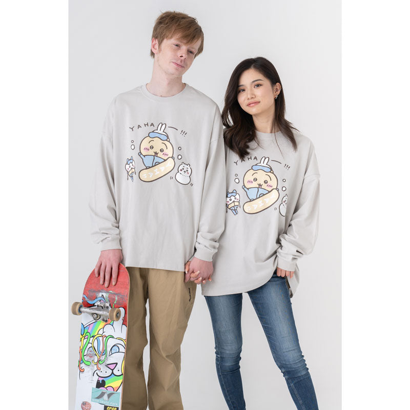 ちいかわ観光 ビックシルエットL/S Tシャツ うさぎスノボ(グレー)