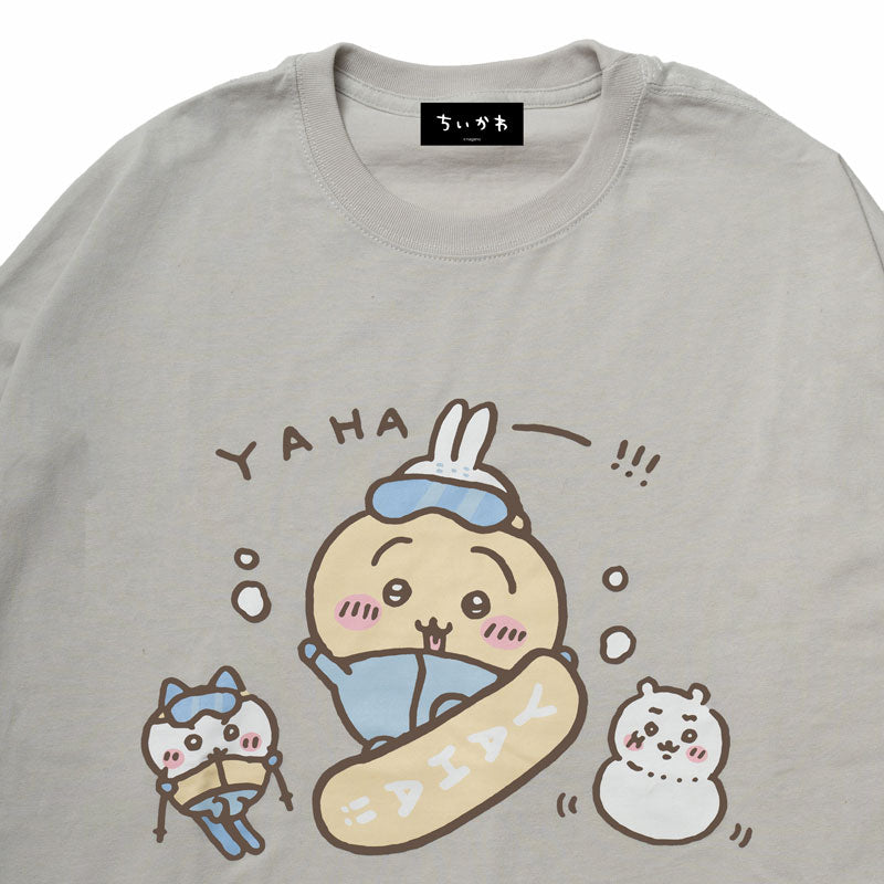 ちいかわ観光 ビックシルエットL/S Tシャツ うさぎスノボ(グレー)