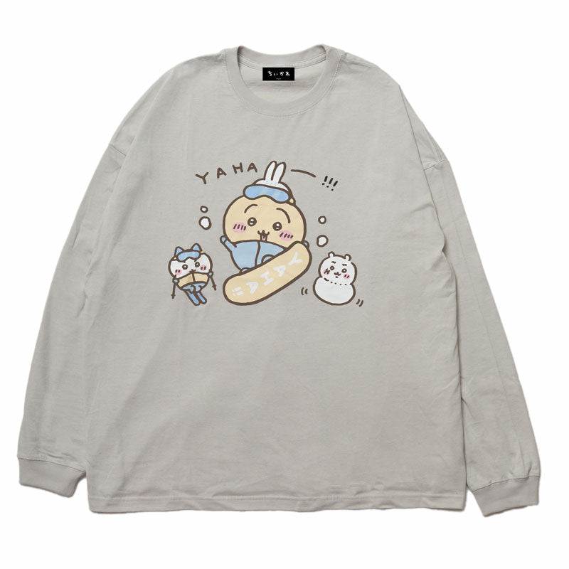 ちいかわ観光 ビックシルエットL/S Tシャツ うさぎスノボ(グレー)