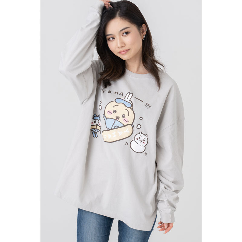 ちいかわ観光 ビックシルエットL/S Tシャツ うさぎスノボ(グレー)