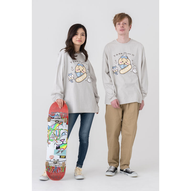 ちいかわ観光 ビックシルエットL/S Tシャツ うさぎスノボ(グレー)