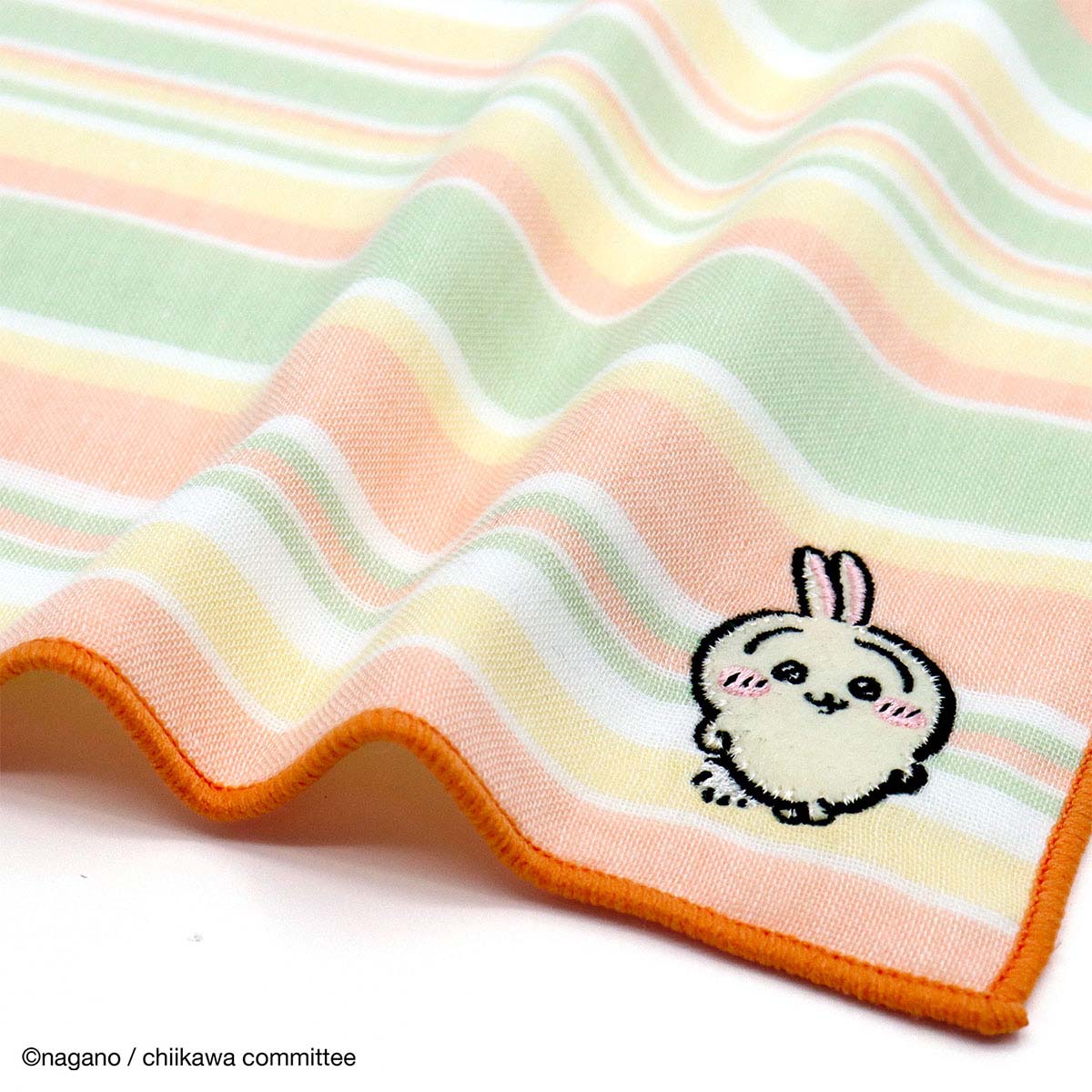ちいかわ 8重ガーゼタオルハンカチ（ボーダー オレンジ）