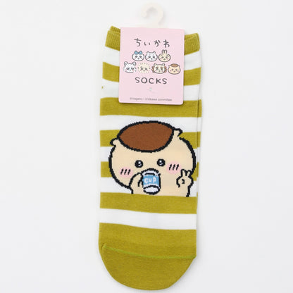 ちいかわ クルーソックス くりまんじゅうピース グリーンボーダー