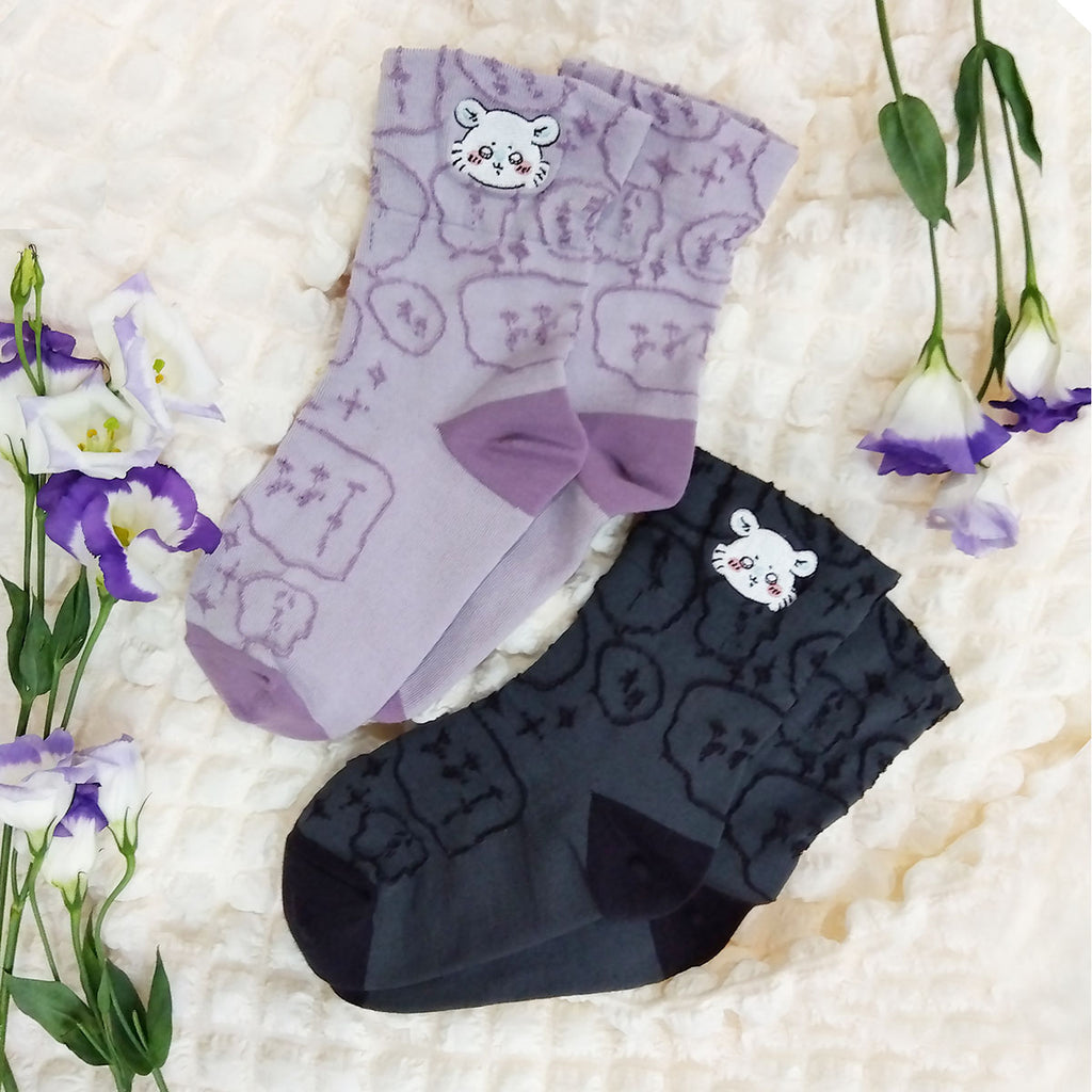 Chiikawa Float Embroidery Crew Socks (Momonga Charcoal) For Ladies