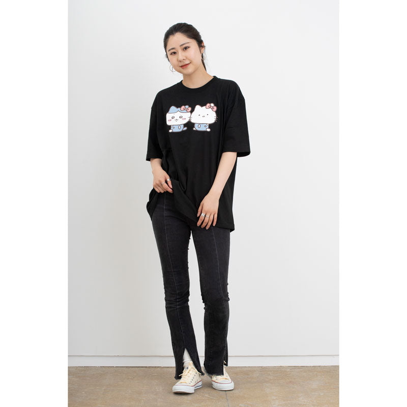 Chikawa x Sanrio Characters Big T -shirt Hachiware x Hello Kitty Black