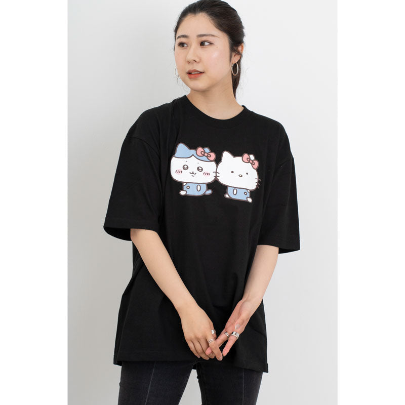 Chikawa x Sanrio 캐릭터 big t -shirt hachiware x Hello Kitty Black